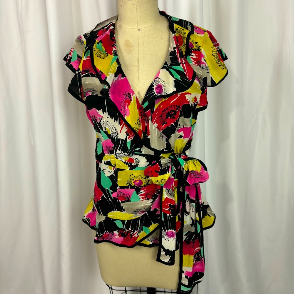 Nanette Lepore Silk Bright Floral Ruffle Wrap Blouse Top 10 Small Medium